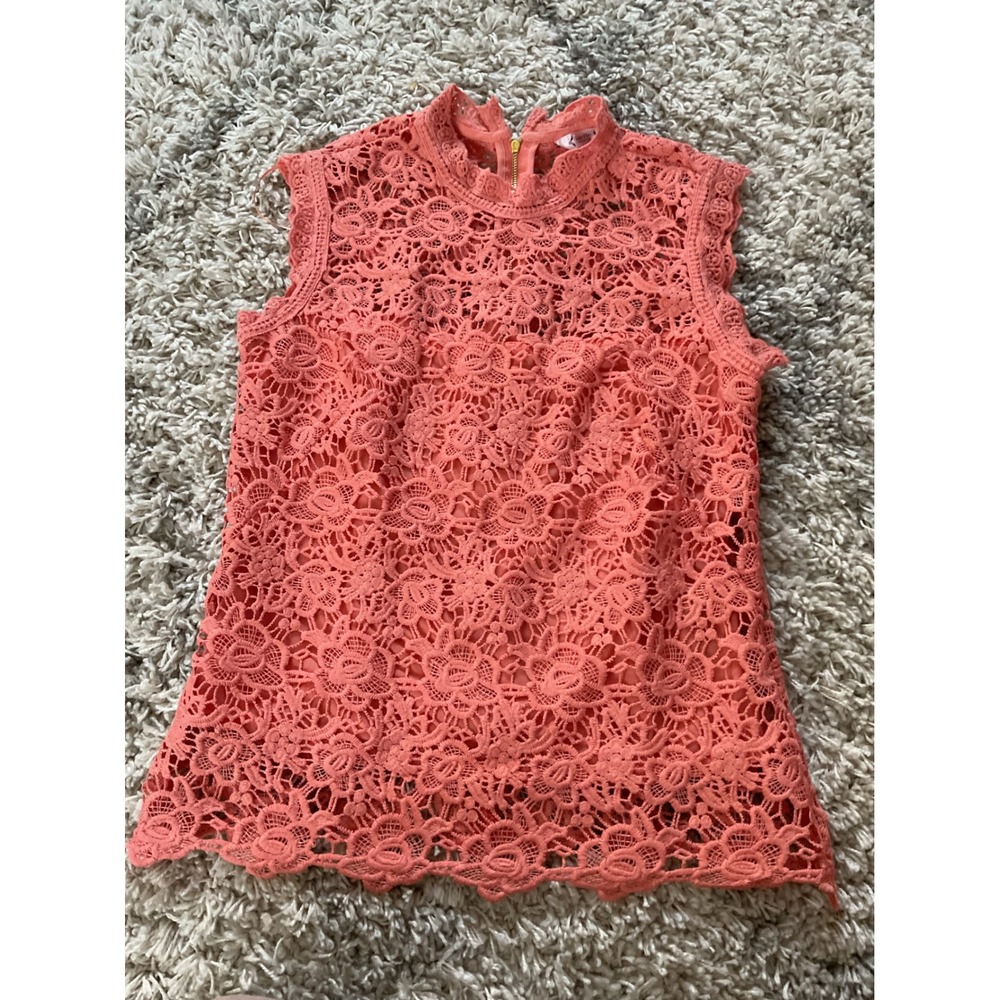 Nanette Lepore‎ Coral Pink Floral Guipure Lace Sleeveless Mock Neck Top Small